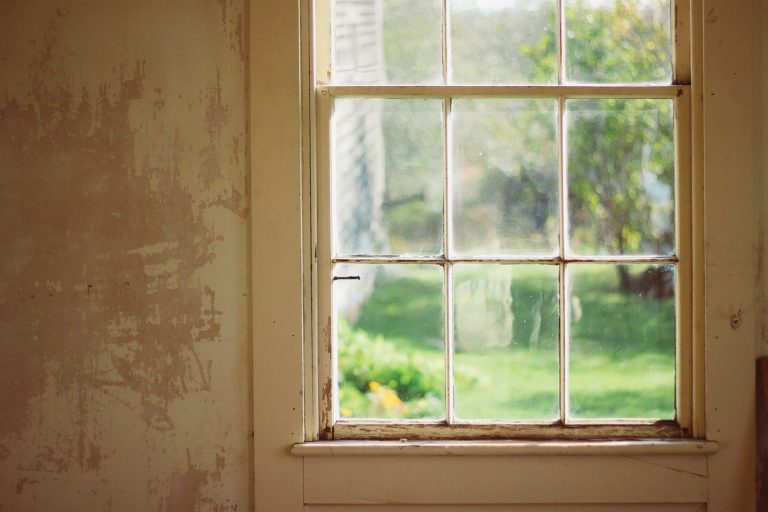 An aging window with paint peeling off the frame.