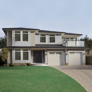 A 2 story home with pale blue board & batten siding.