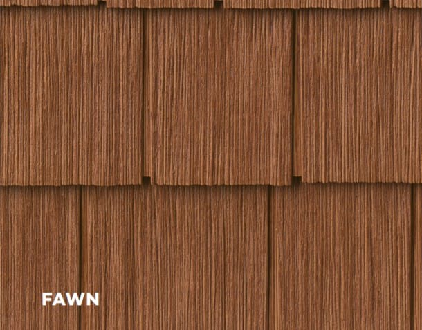 Red-brown shake siding panels.