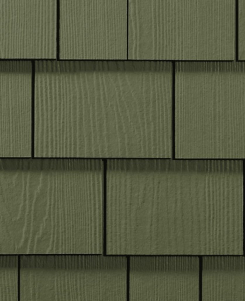 Dark green HardieShingle shake siding.