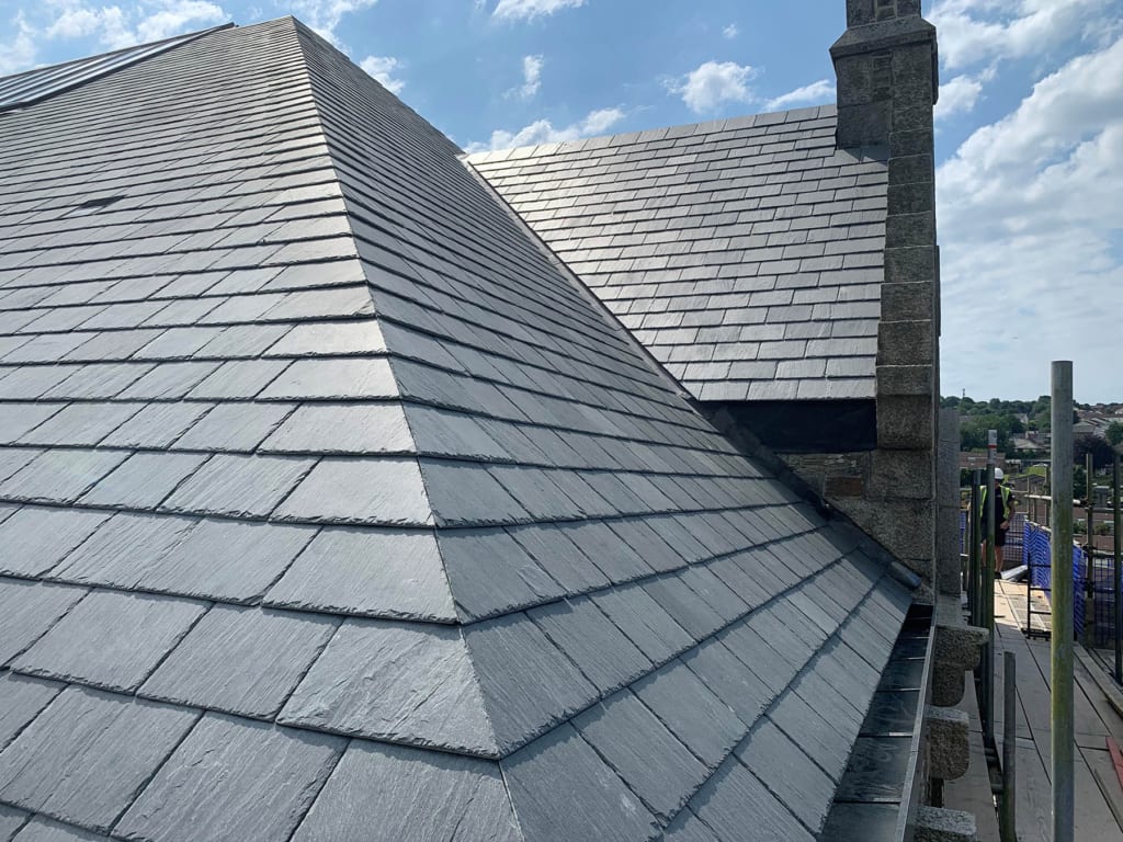 Synthetic slate tiles on a roof.