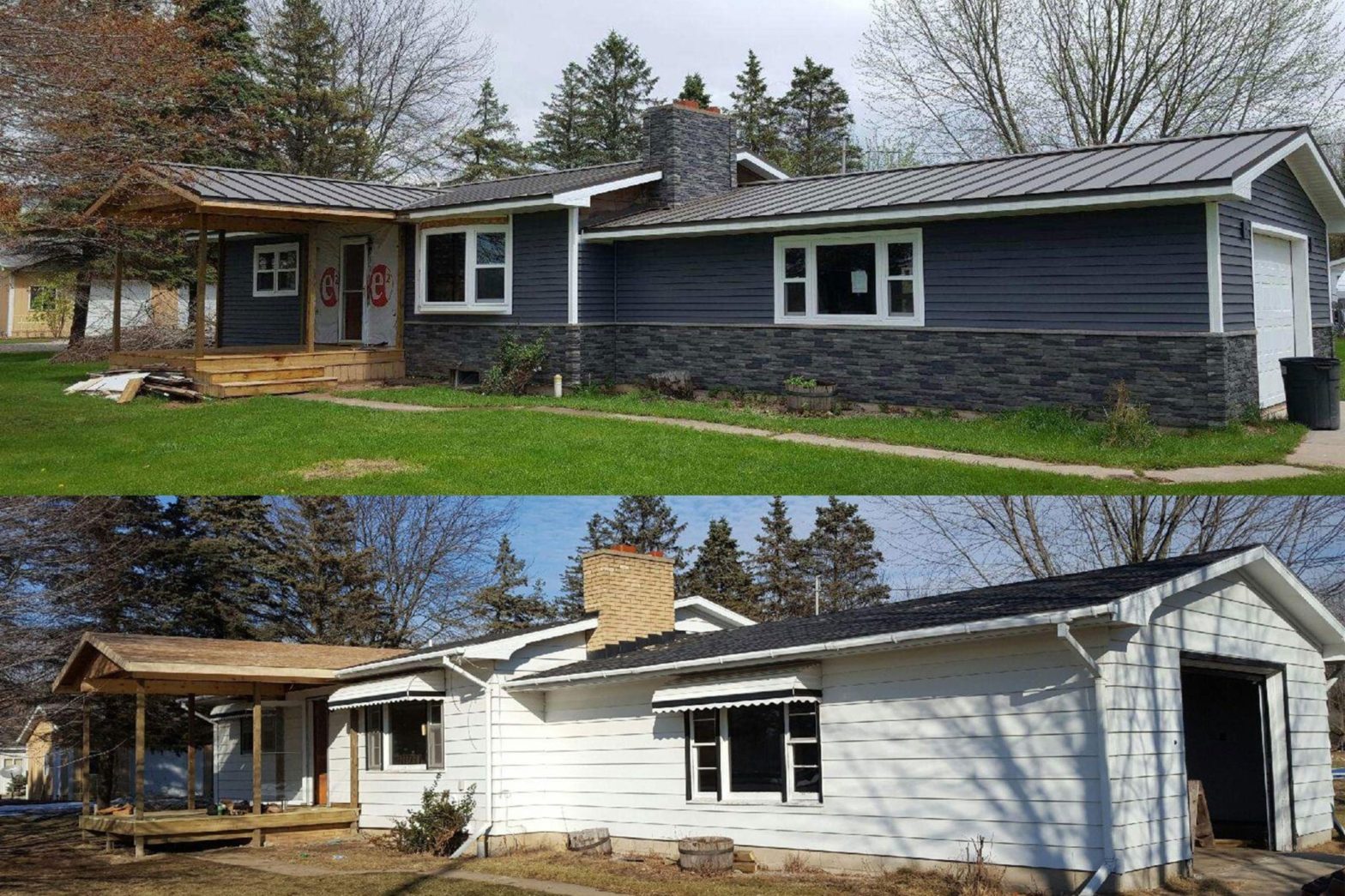 A before and after of a home’s siding replacement with a black metal roof, dark blue clapboard, and gray TandoStone siding.