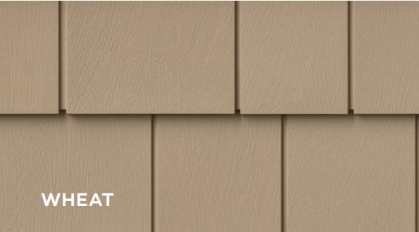 Light beige shake siding panels.