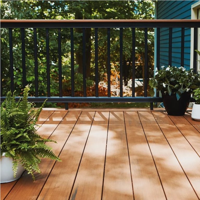 Light brown composite decking with black railings and 3 potted plants next to the railing.