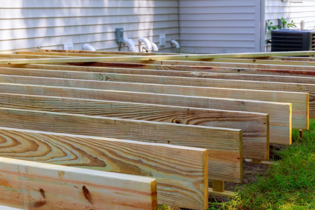 Wooden decking framework on the grass