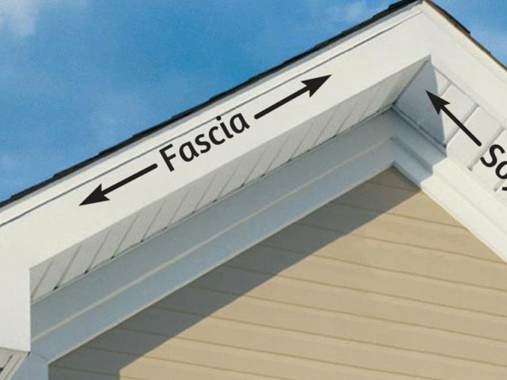 The peak of a home labeled with the word fascia over the fascia board.
