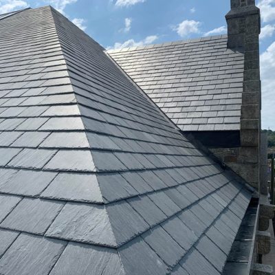 Synthetic slate tiles on a roof.