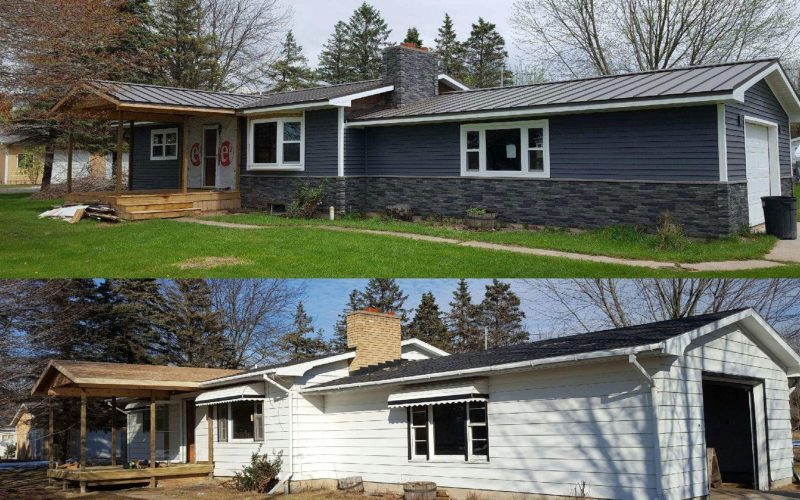 A before and after of a home’s siding replacement with a black metal roof, dark blue clapboard, and gray TandoStone siding.
