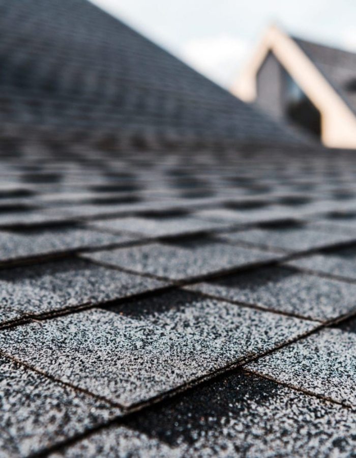 A close up of gray asphalt shingle roofing.